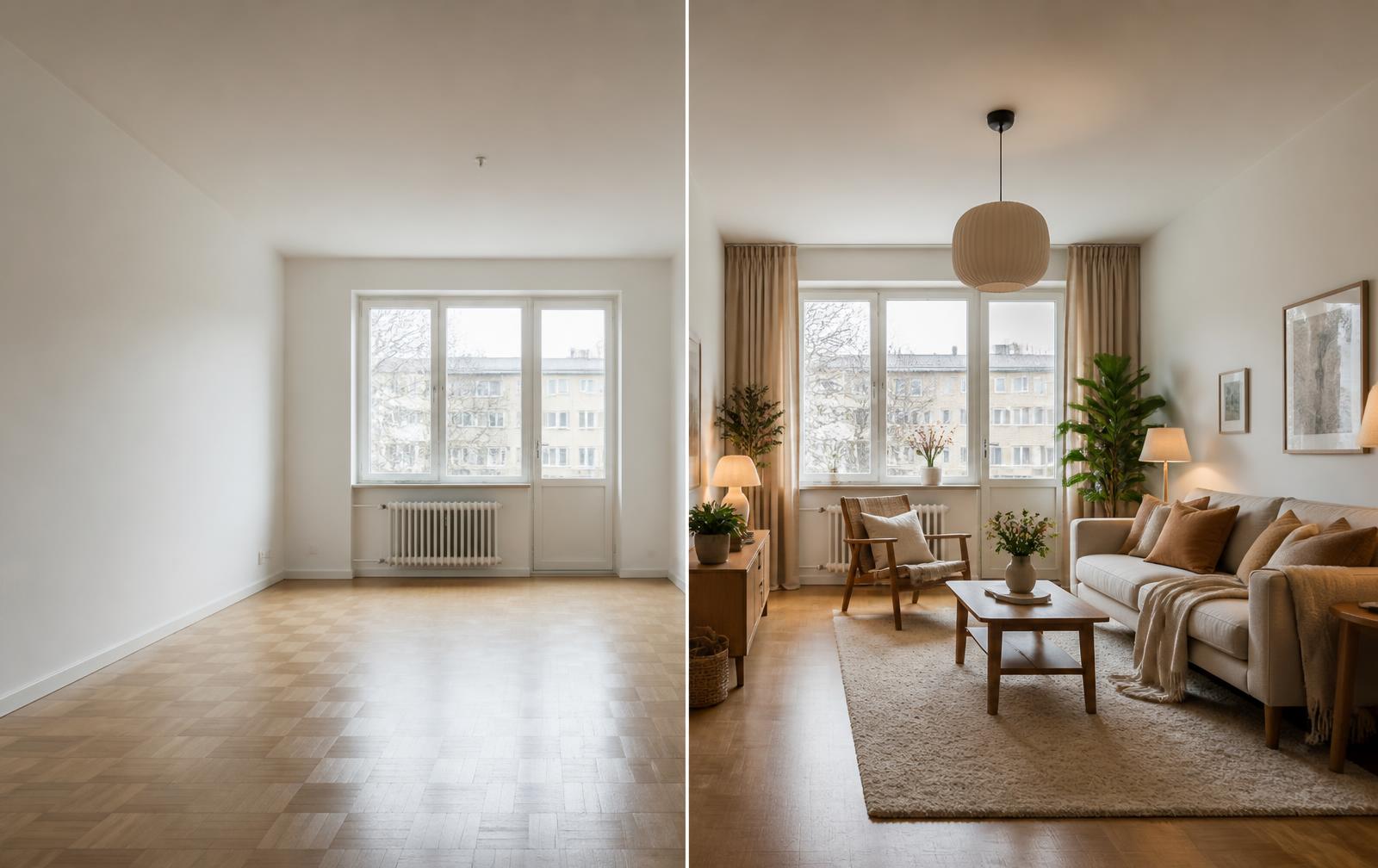 Samma vardagsrum före och efter homestyling
